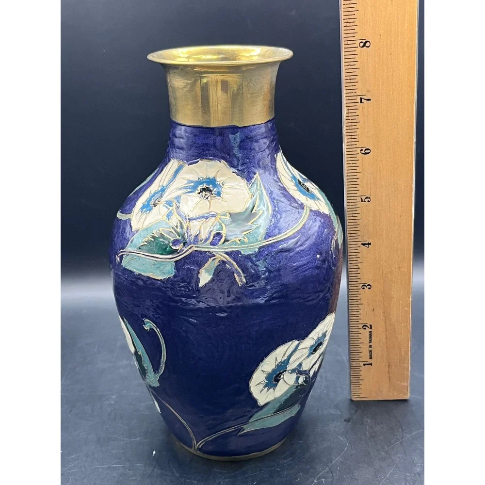 Vtg Cloisonne Enameled Indian Brass Vase‎ Cobalt Blue 8